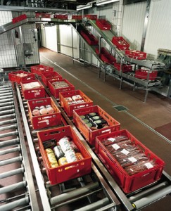 Conveyer belt in meat packing plant with protective flooring below depicted.