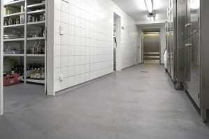 Laboratory hallway presents cool grey and white colors with its chemical resistant concrete flooring.