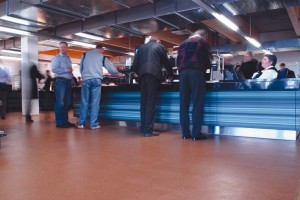 Restaurant floors concrete coatings add to the setting for these buffet patrons.