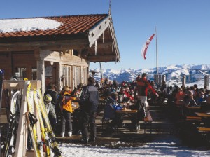 Industrial outdoor flooring protects the exterior patio of a ski resort lodge. 