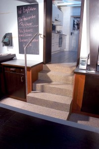 Conference room floorings can even be applied to steps as depicted in this office room setting.