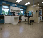 A flake floor accents this emergency room lab area.