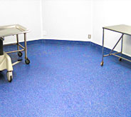 Hospital clean flooring with cart and bed on it