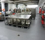 Large industialed stainless steel coated kitchen counter tops rest atop grey floor system.