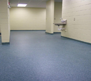 A library bathroom area with a bright blue floor.