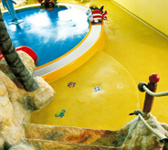 Yellow museum floor with blue waterfountain.