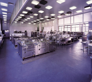 Large hospital kitchen area displays gorgeous blue seamless floor system throughout.