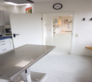 Veterinary clinic examining room displays resisting urines floor coating for maximum hygiene.