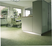 Dental office front exam room filters sun light from large window panes illuminating light green seamlessly coated flooring that is UV protected.