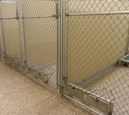 Pet holding pens with resistant veterinary flooring.