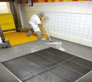 Kitchen worker diligently squeegee's pooled water across waterproofed flooring into large draining grate.