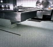 A grey acrylic sealed floor system enhances kitchen area.