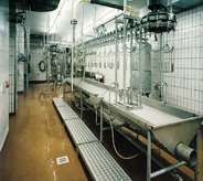 Inside factory with assembly line flooring.