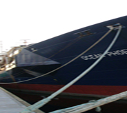 A docked boat waits for new covered flooring.