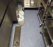 Grey kitchen floor adorns commercial storage area.