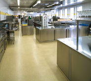 Large open kitchen area reveals mustard yellow concrete coating.