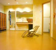 Fitness center locker room looks stunning with this vibrant floor.