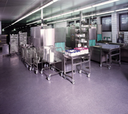 Cool blue flooring covers a commercial kitchen creating a blue hue tone throughout.