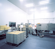 Workers move pallets across floor in this large frozen food facility.