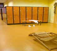 Orange clay colored flooring defines posh interior lockerroom setting.