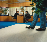 Patrons enjoy work break atop two toned tan and blue self level resurfaced floor.