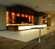 A theater room floor with posh accent wall.