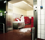 Worker of processing plant ices down product inside walk in as ice spills over cooler the floor.